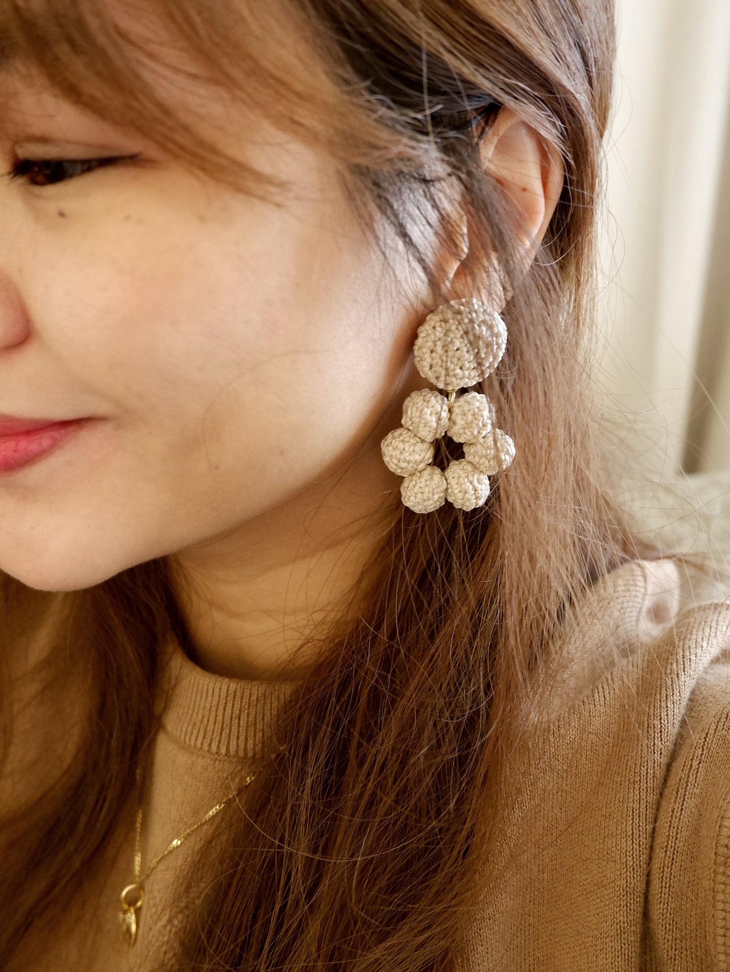 Bria crochet bonbon statement earrings- Ecru