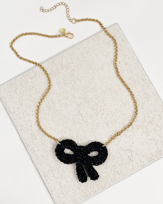 Holiday Bow Necklace- glittery black