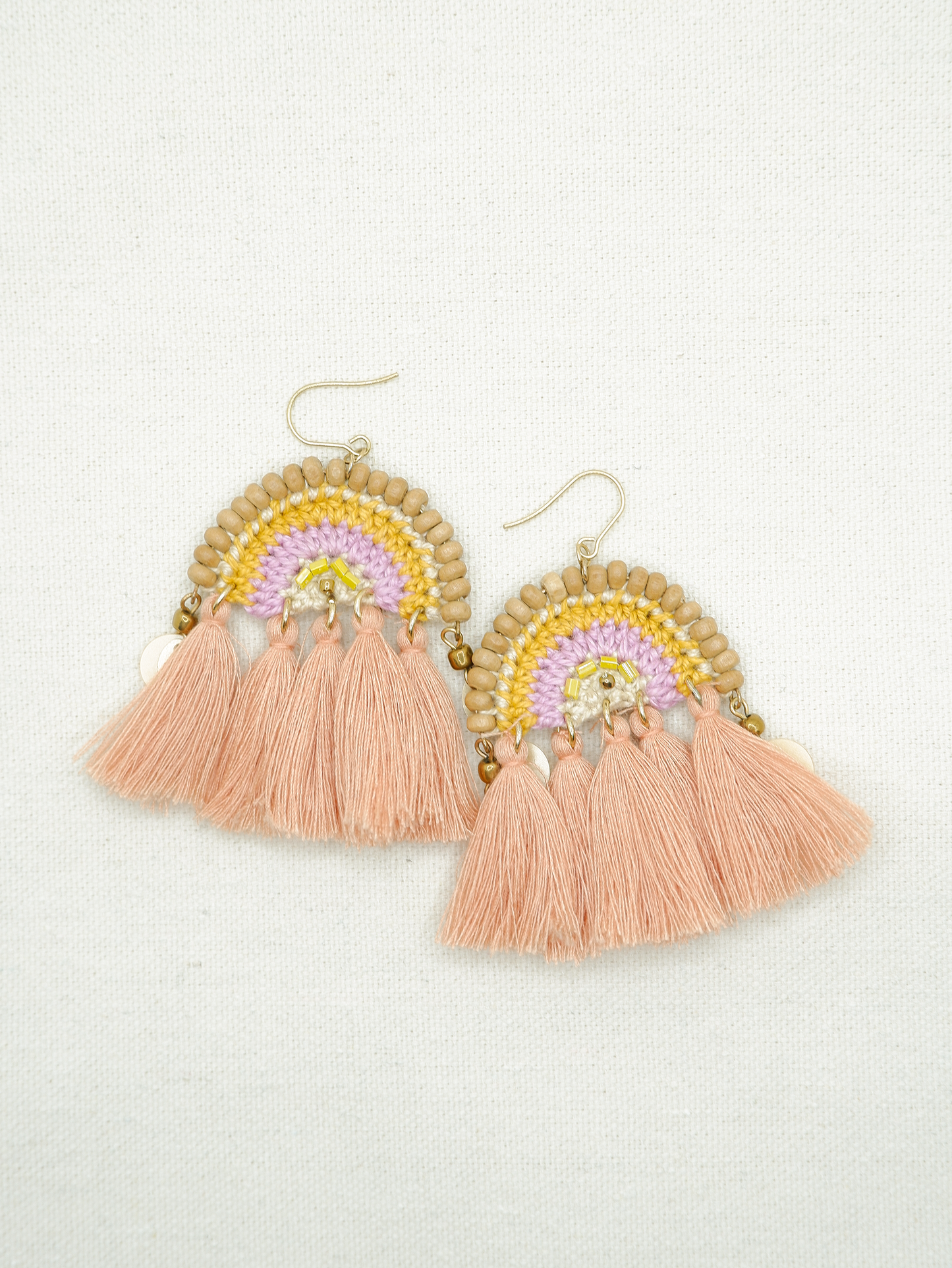 Millie crochet and tassel statement earrings- peach pink