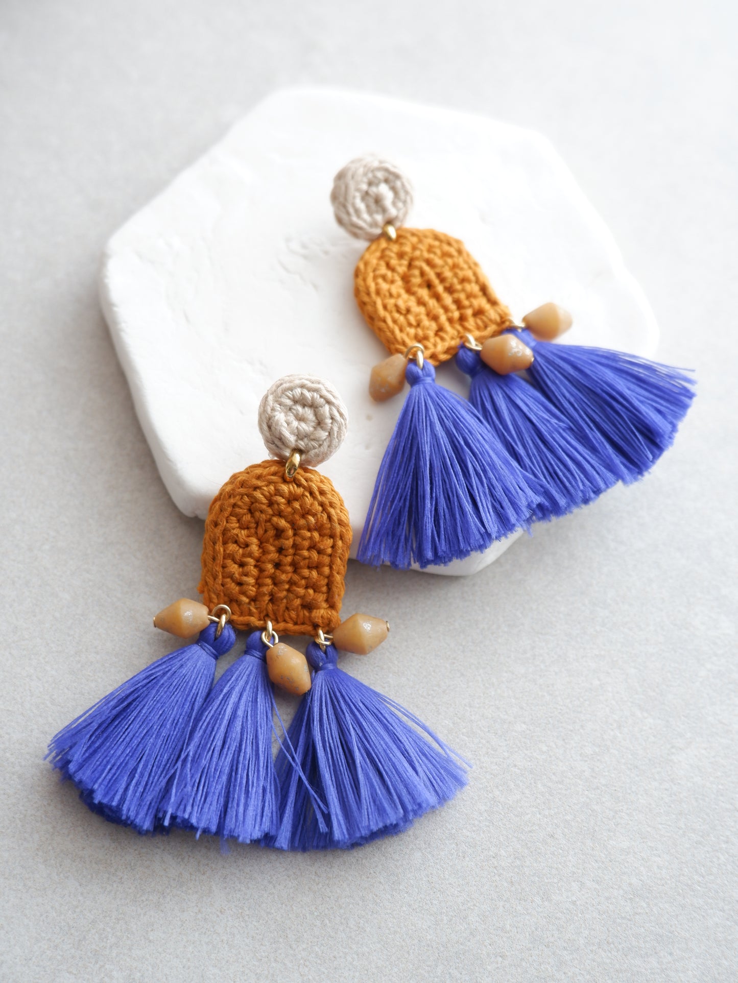 Amelia crochet and tassel statement earrings- Cobalt