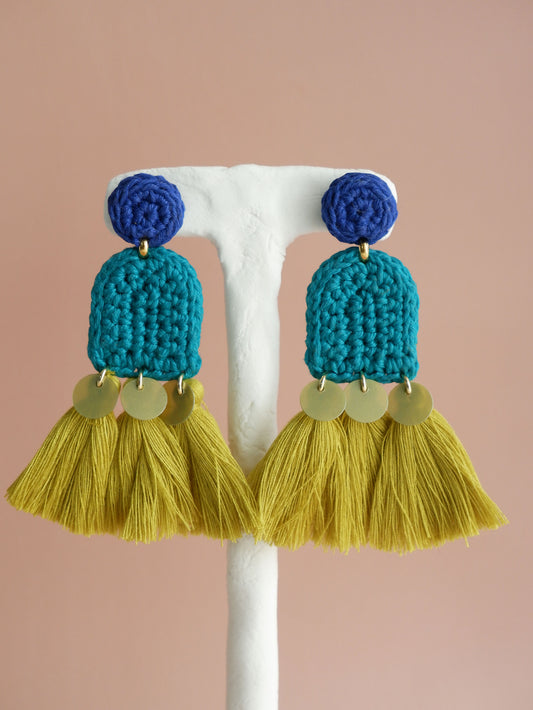 Amelia crochet and tassel statement earrings- Lagoon