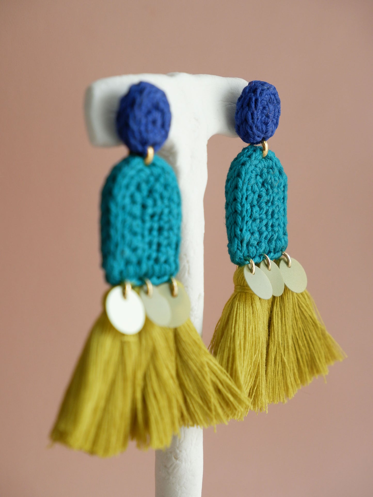 Amelia crochet and tassel statement earrings- Lagoon