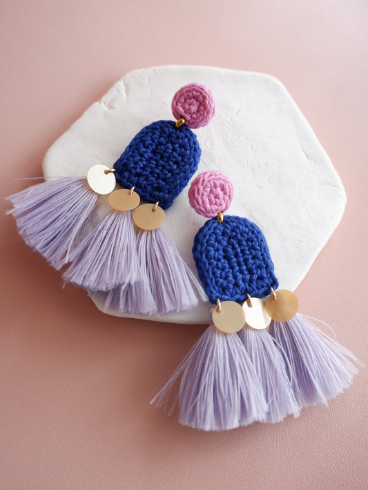 Amelia crochet and tassel statement earrings- Ultraviolet