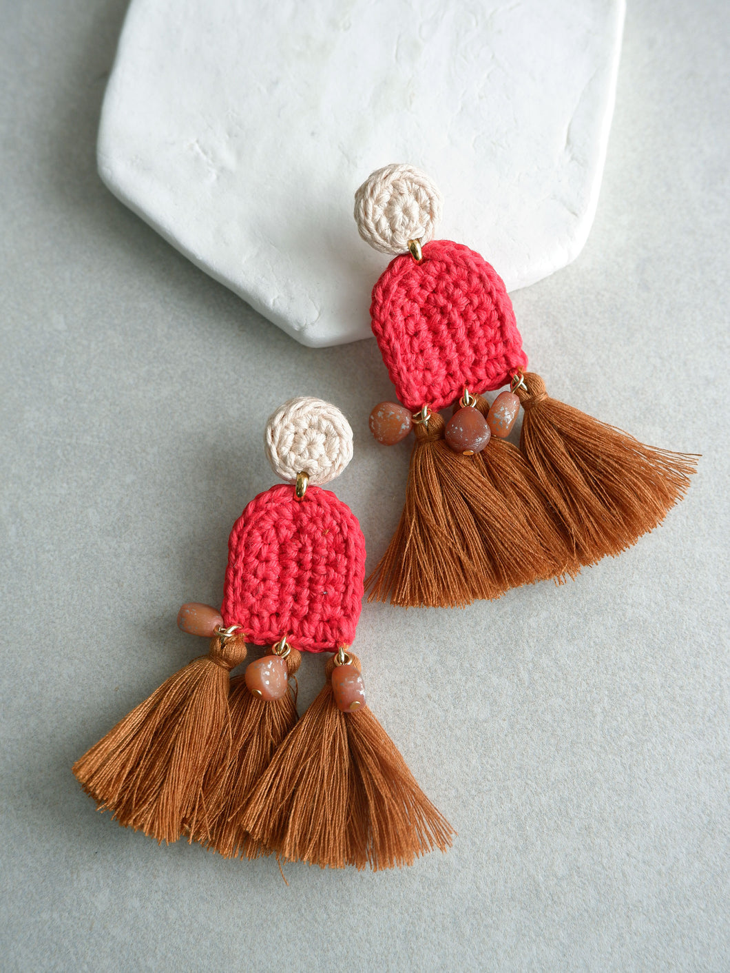 Amelia crochet and tassel statement earrings- Red Earth