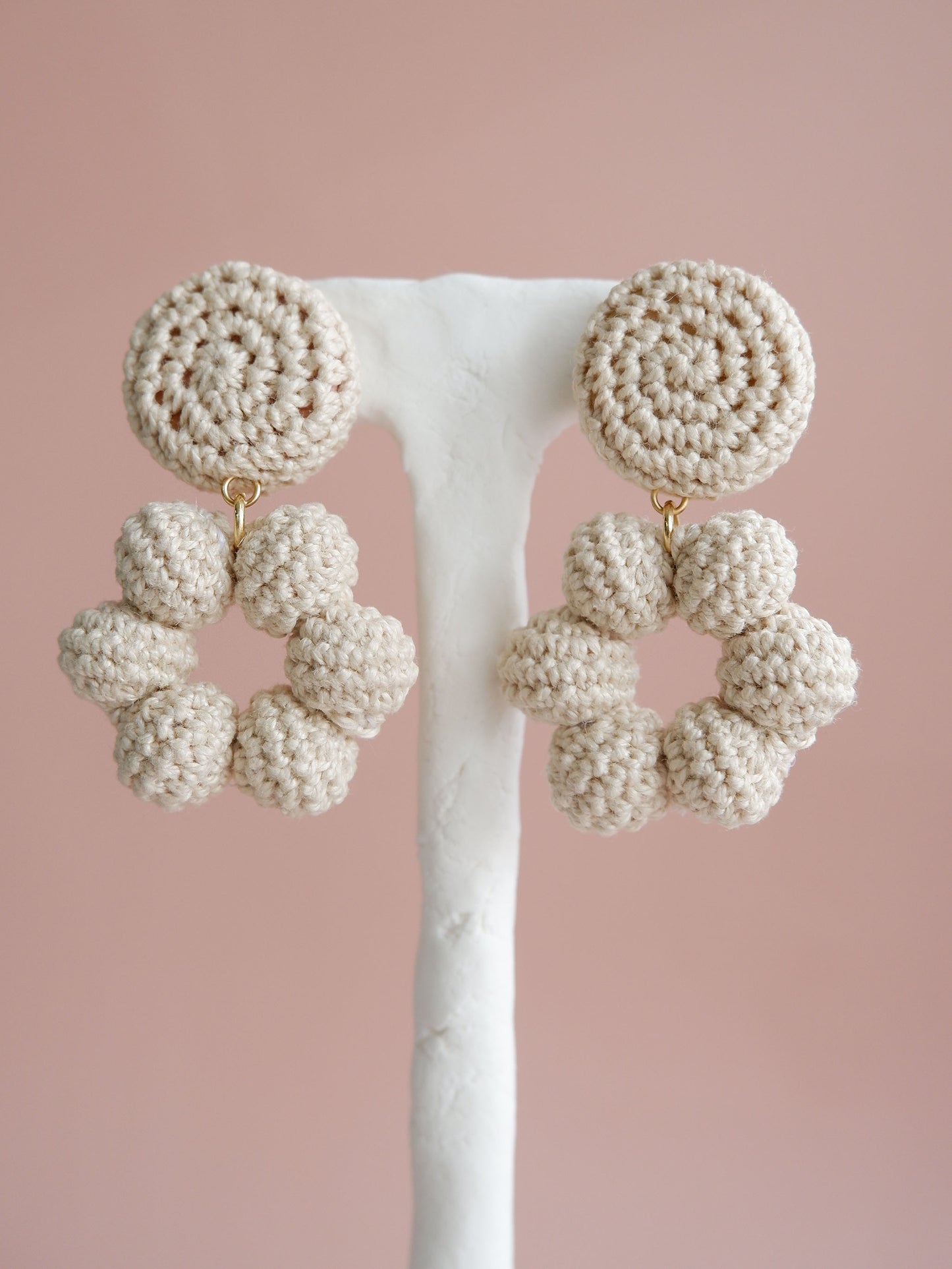 Bria crochet bonbon statement earrings- Ecru