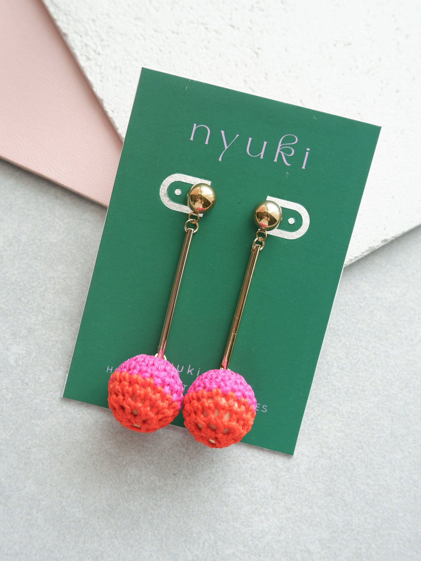 Colorblock crochet ball drop earrings- Hot Pink