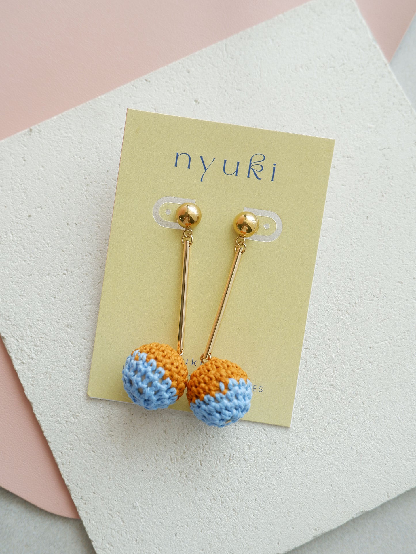 Colorblock crochet ball drop earrings- Desert Sky