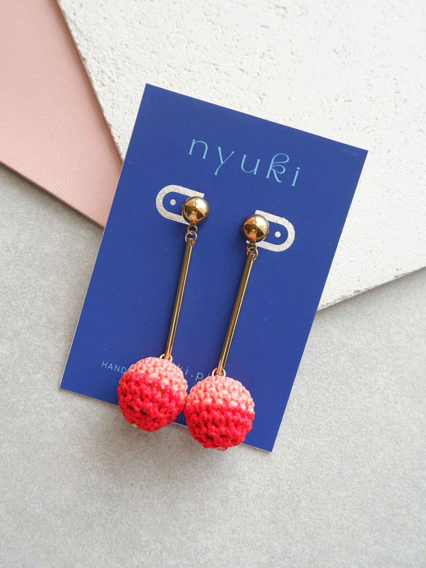 Colorblock crochet ball drop earrings- Peachy Red