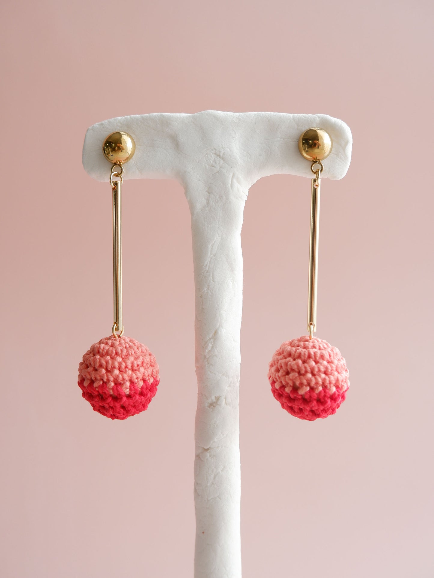 Colorblock crochet ball drop earrings- Peachy Red