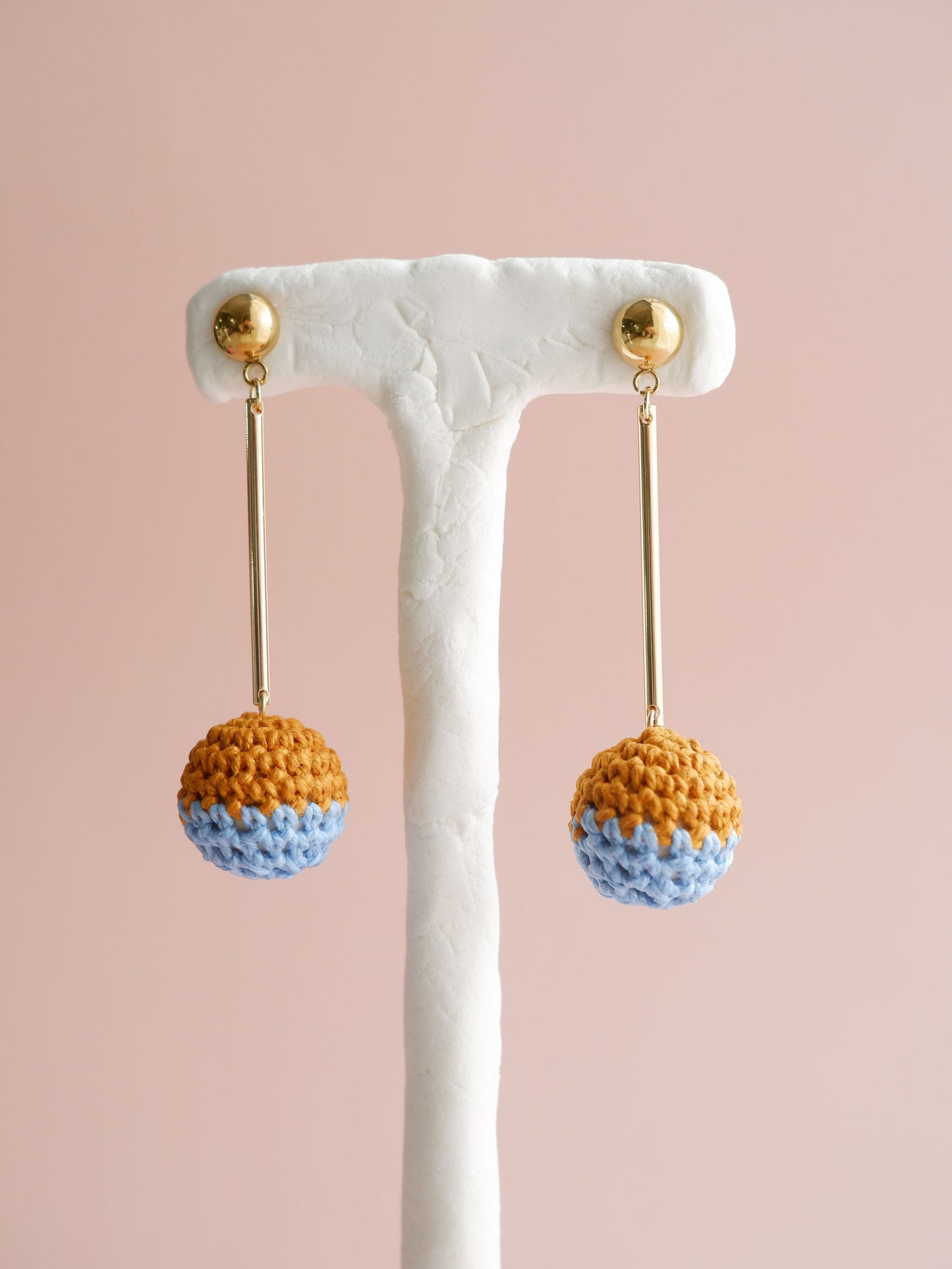 Colorblock crochet ball drop earrings- Desert Sky