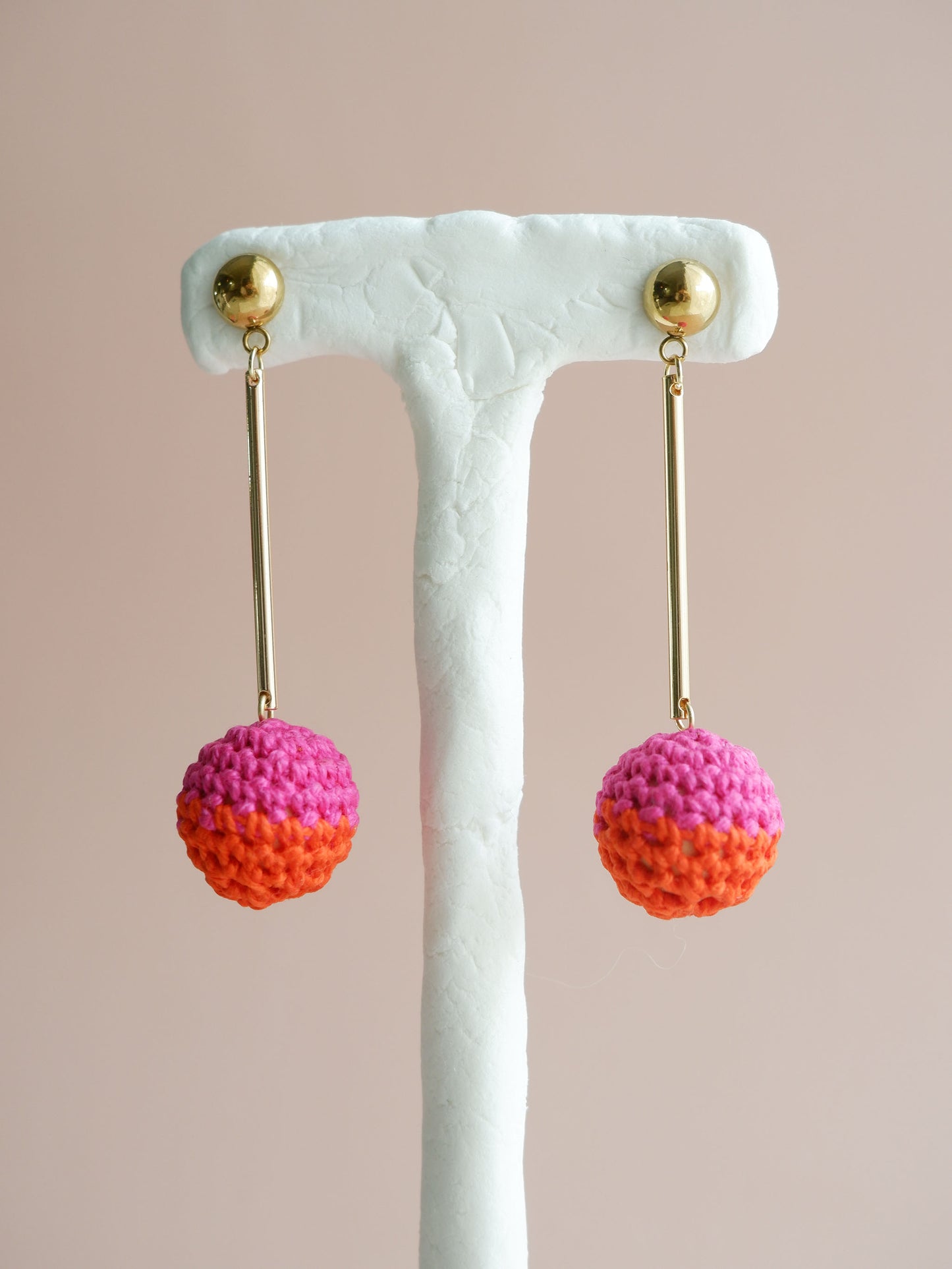 Colorblock crochet ball drop earrings- Hot Pink